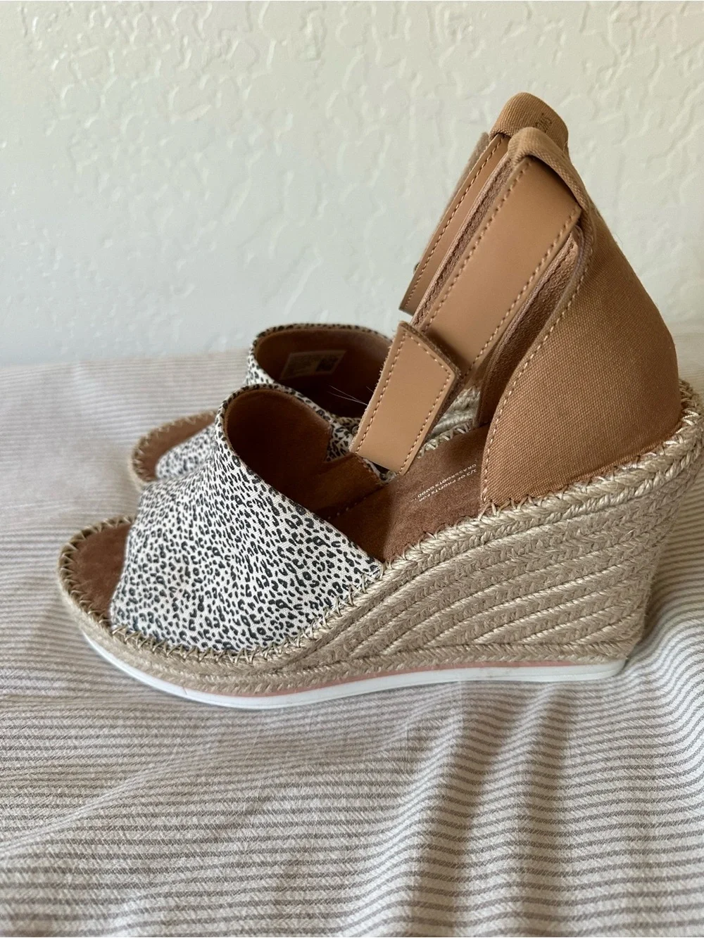 Toms Leopard Print Espadrille Wedges with Tan Ankle Strap